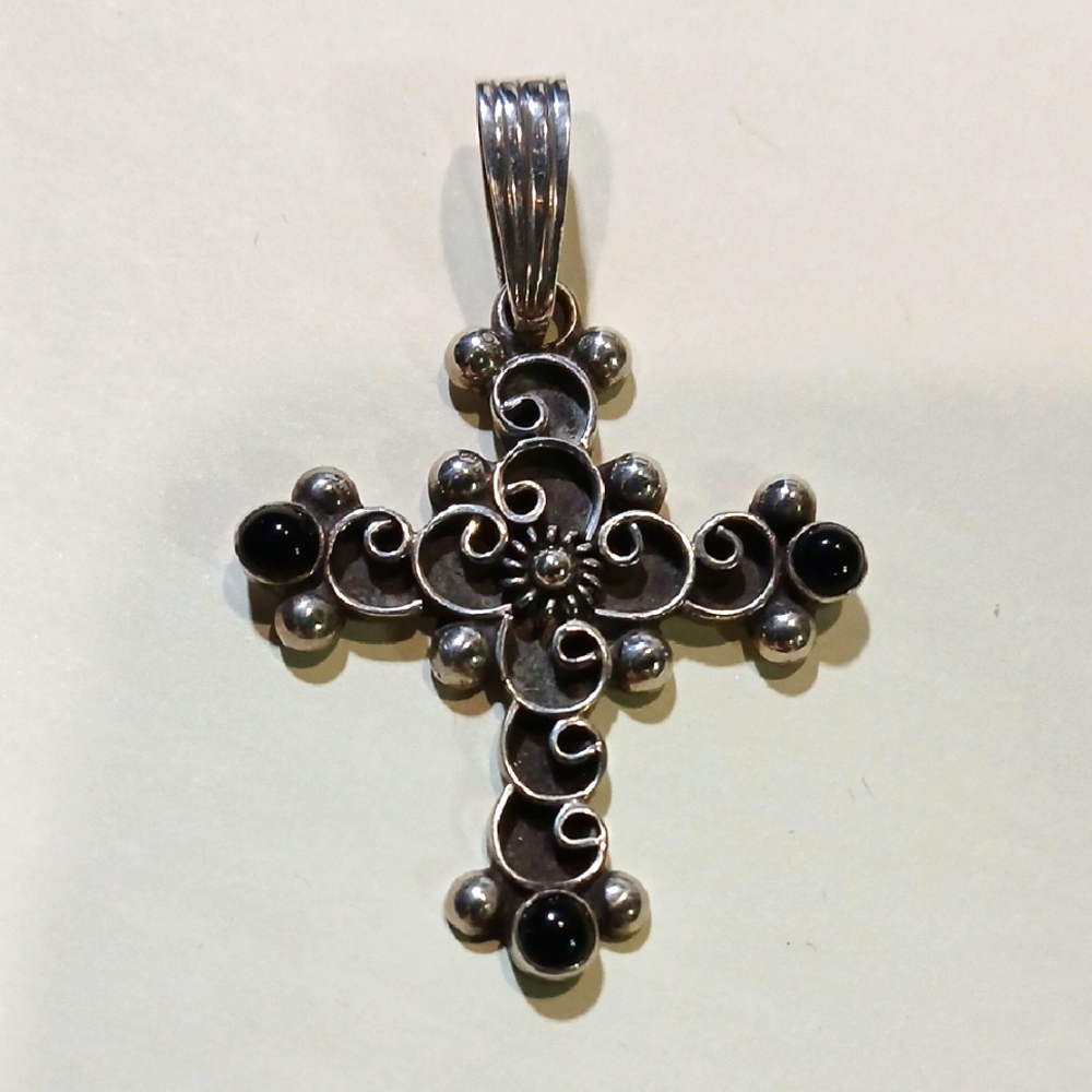 ✝️ Sterling Silver & Onyx Cross Pendant | Gothic Elegance | 2.5"